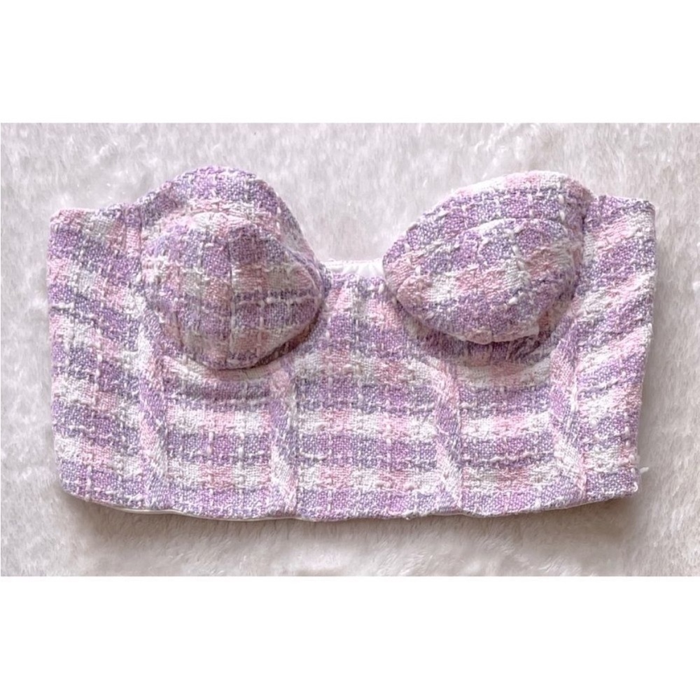 Zara Tweed Bustier Crop Purple Pink Gingham Strapless Corset Top Women’s Small - Picture 3 of 6
